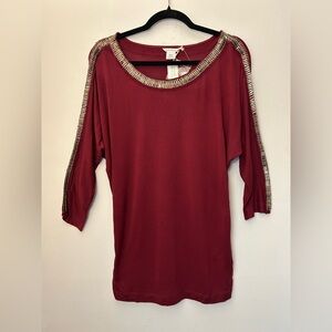 Club Monaco Women’s Burgundy Top Metal Chain‎ Trim 3/4 Sleeve Scoop Neck Sz M